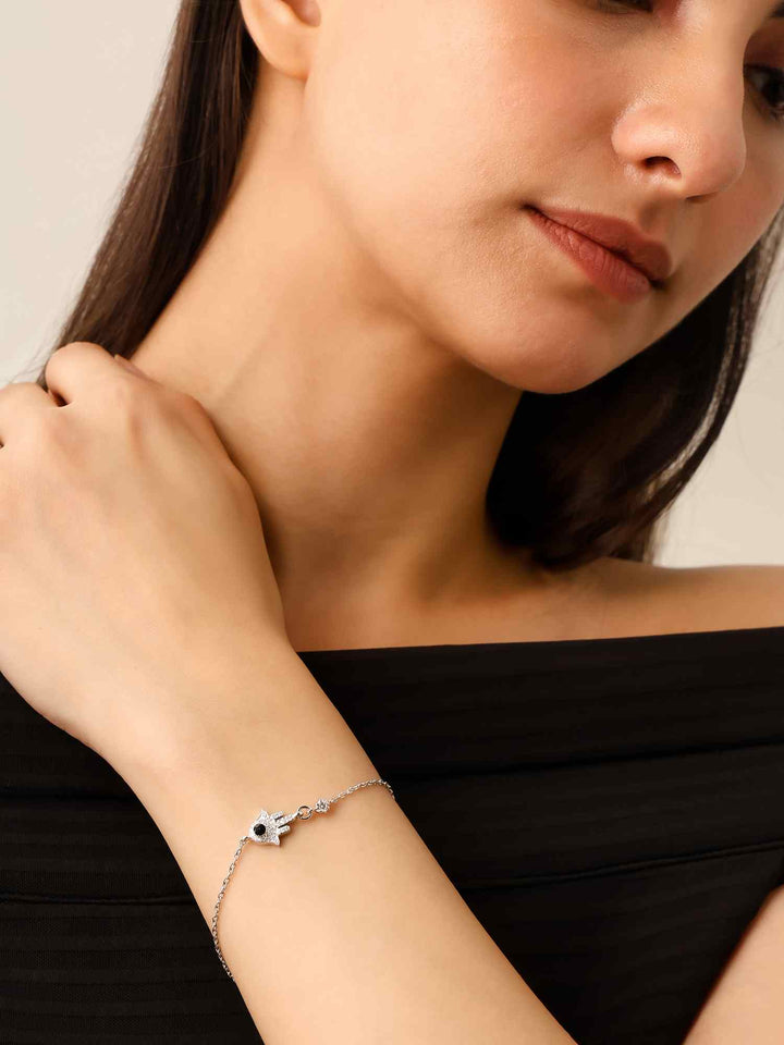 925 Silver Moissanite Diamond Hamsa Hand Evil Eye Protection Bracelet