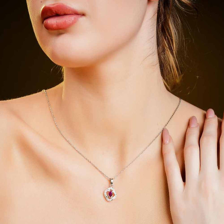 925 Sterling Silver Natural Ruby Rhodium-Plated Pendant Necklace With Chain