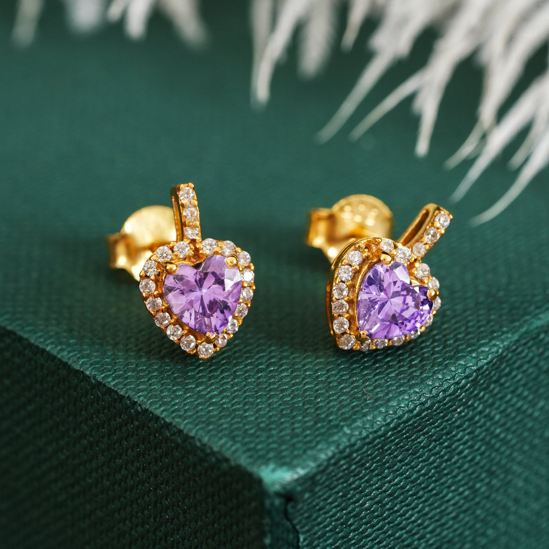 925 Sterling Silver 18K Gold Plated Amethyst Heart Studs