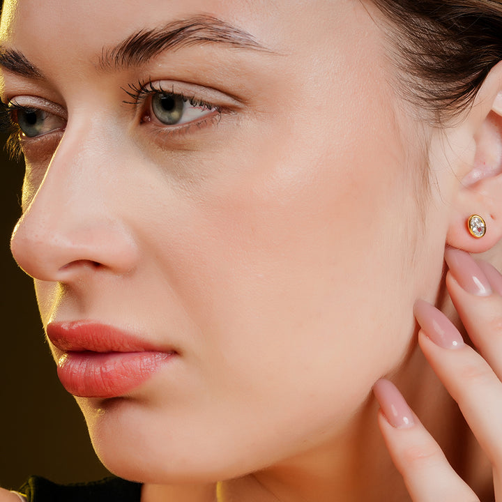 925 Sterling Silver 18K Gold Plated Aura Oval Solitaire Studs