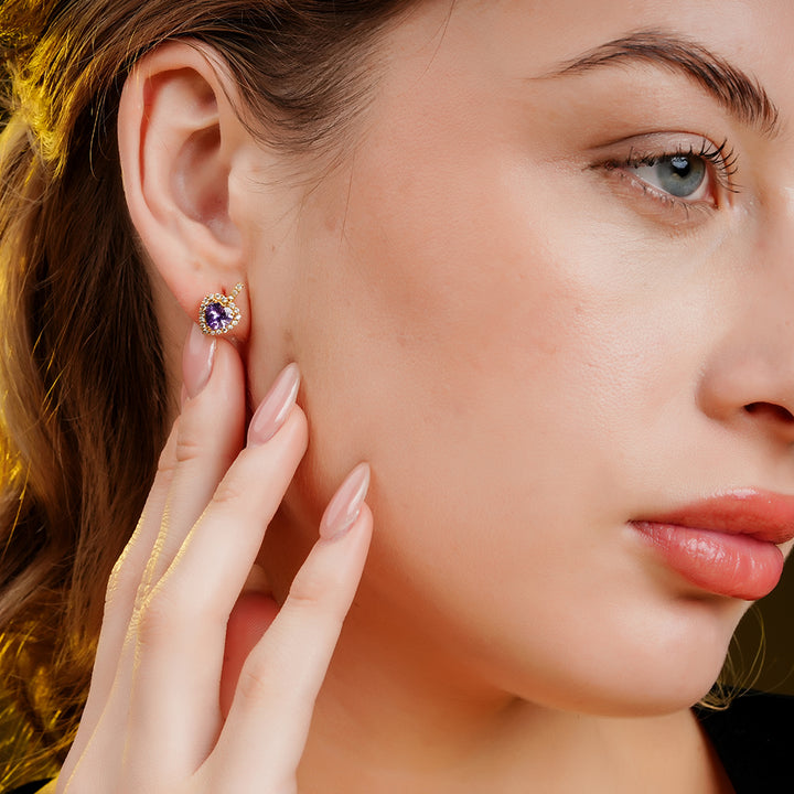 925 Sterling Silver 18K Gold Plated Amethyst Heart Studs