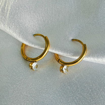 Solitaire Hoop Earrings -  18K Gold Plated/ Anti Tarnish -Waterproof