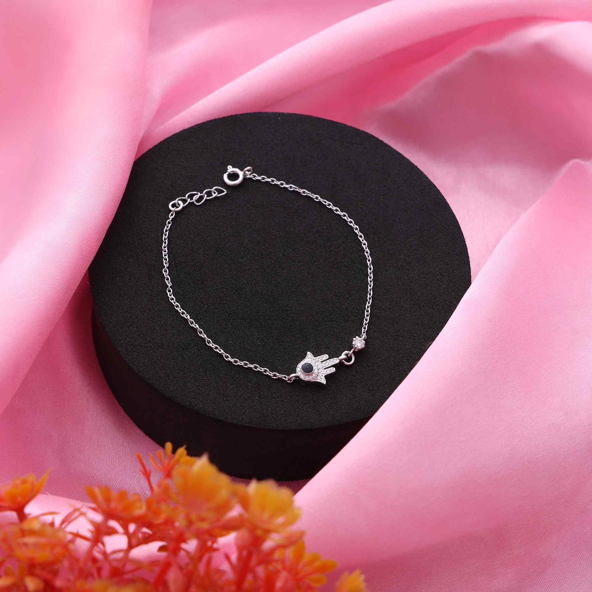 925 Silver Moissanite Diamond Hamsa Hand Evil Eye Protection Bracelet