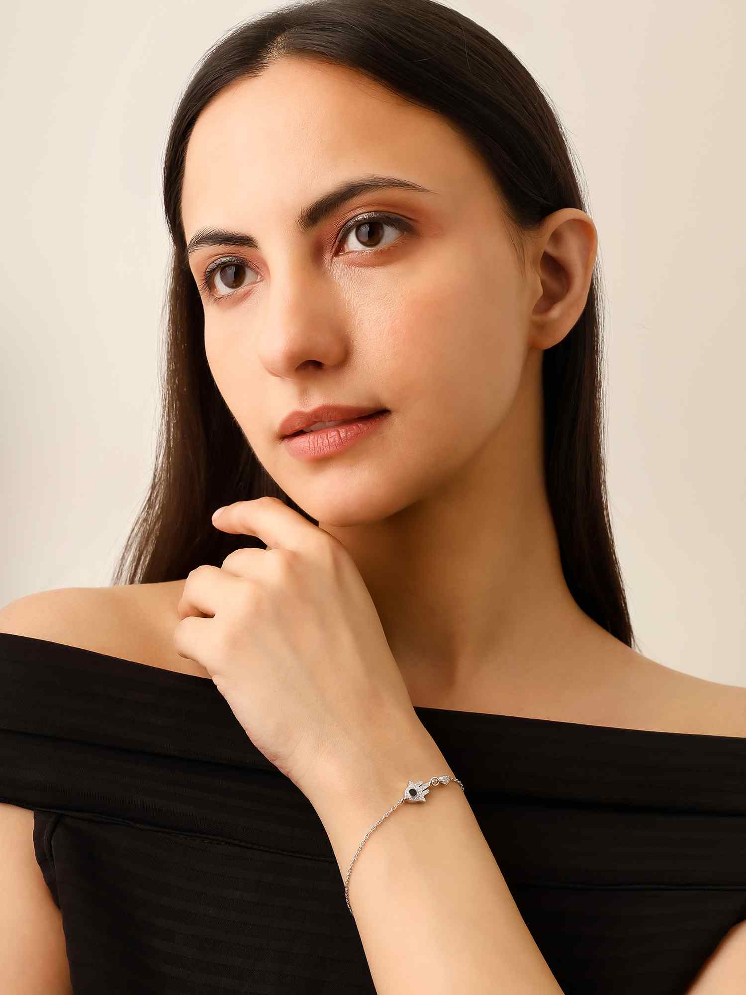 925 Silver Moissanite Diamond Hamsa Hand Evil Eye Protection Bracelet