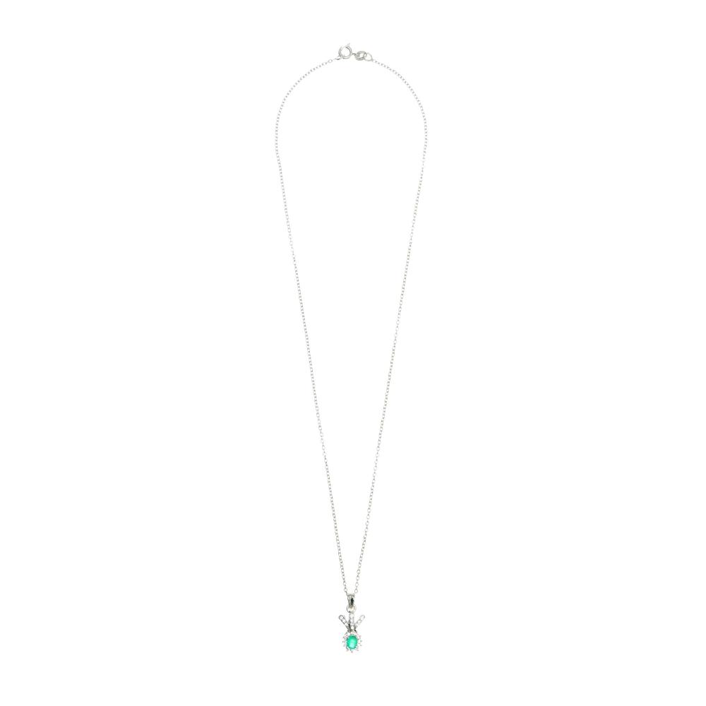 925 Sterling Silver Natural Emerald Oval Rhodium-Plated Pendant Necklace With Chain