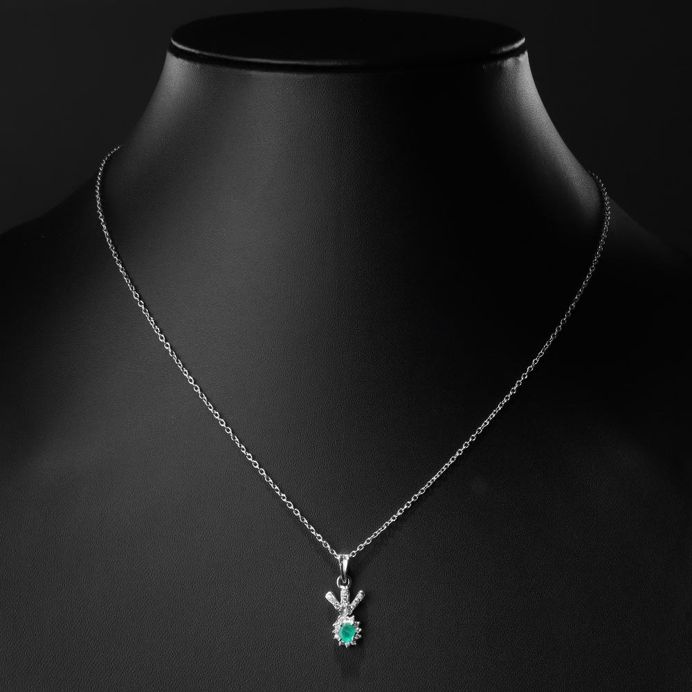925 Sterling Silver Natural Emerald Oval Rhodium-Plated Pendant Necklace With Chain