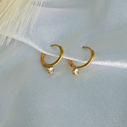 Solitaire Hoop Earrings -  18K Gold Plated/ Anti Tarnish -Waterproof