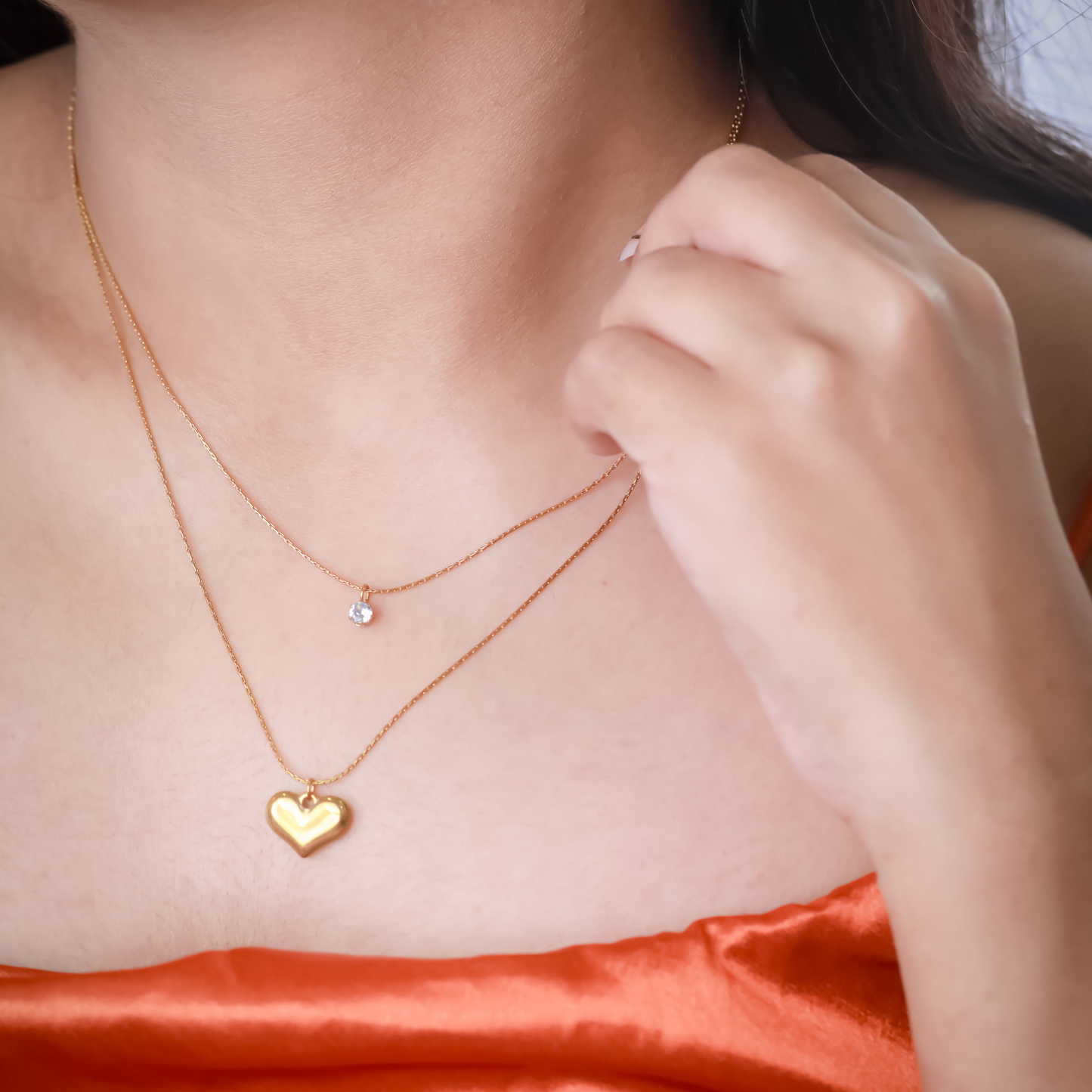 Double Layered Gold Heart Diamond Necklace- 18K Gold Plated/ Anti Tarnish -Waterproof