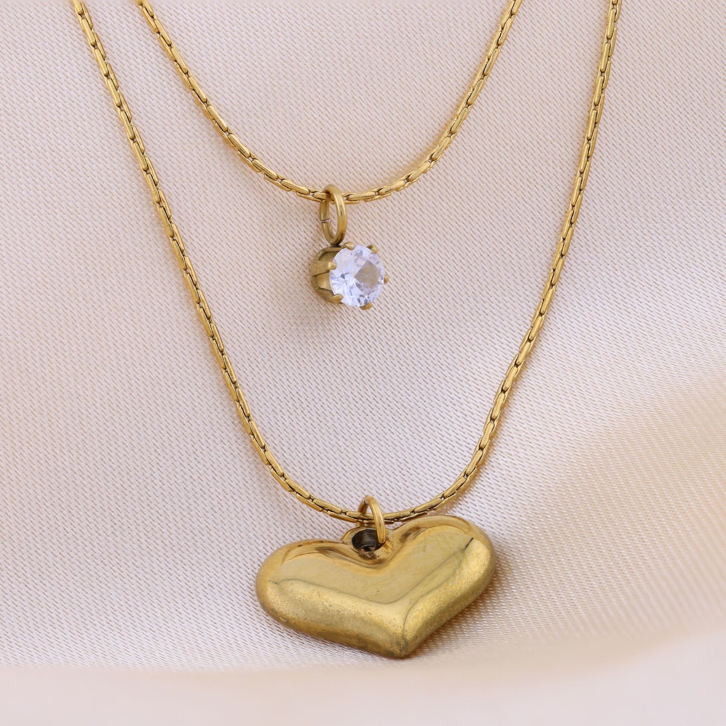 Double Layered Gold Heart Diamond Necklace- 18K Gold Plated/ Anti Tarnish -Waterproof