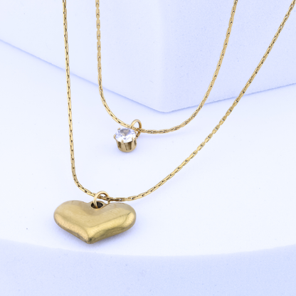 Double Layered Gold Heart Diamond Necklace- 18K Gold Plated/ Anti Tarnish -Waterproof