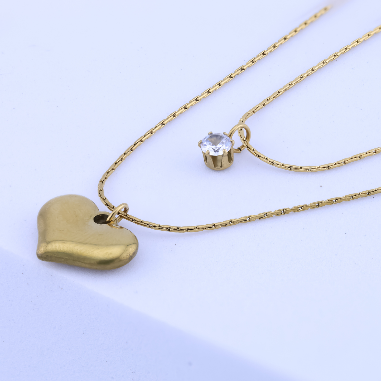 Double Layered Gold Heart Diamond Necklace- 18K Gold Plated/ Anti Tarnish -Waterproof