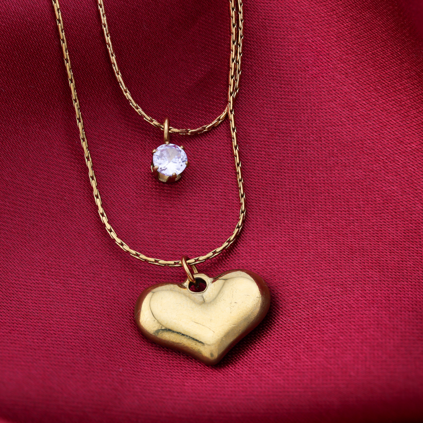 Double Layered Gold Heart Diamond Necklace- 18K Gold Plated/ Anti Tarnish -Waterproof