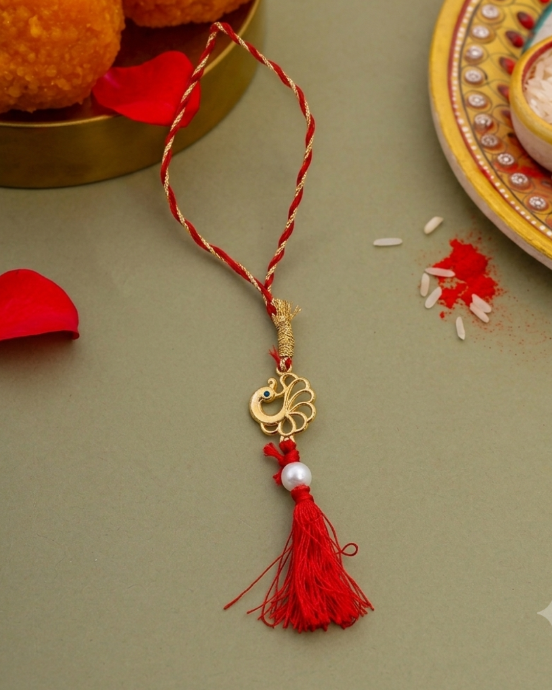 925 Pure Silver Bhaiya Bhabhi Peacock Rakhi with Roli & Chawal (Pack of 2)