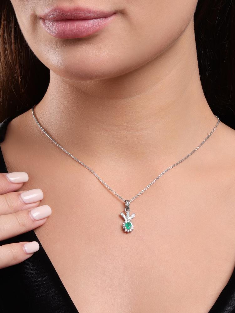 925 Sterling Silver Natural Emerald Oval Rhodium-Plated Pendant Necklace With Chain