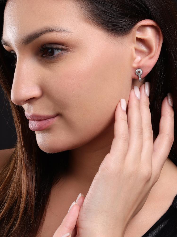 925 Sterling Silver Moissanite Diamond Rhodium-Plated Halo Semi Hoop Huggie Earrings