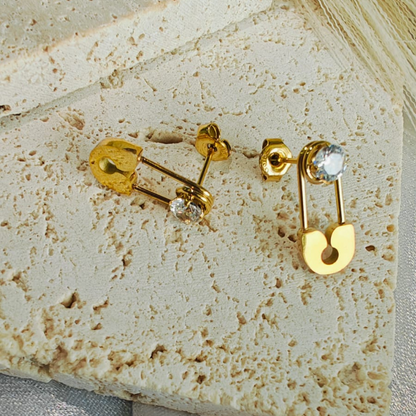 Safety Pin White Zircon Stud earrings - 18K Gold Plated/ Anti Tarnish -Waterproof