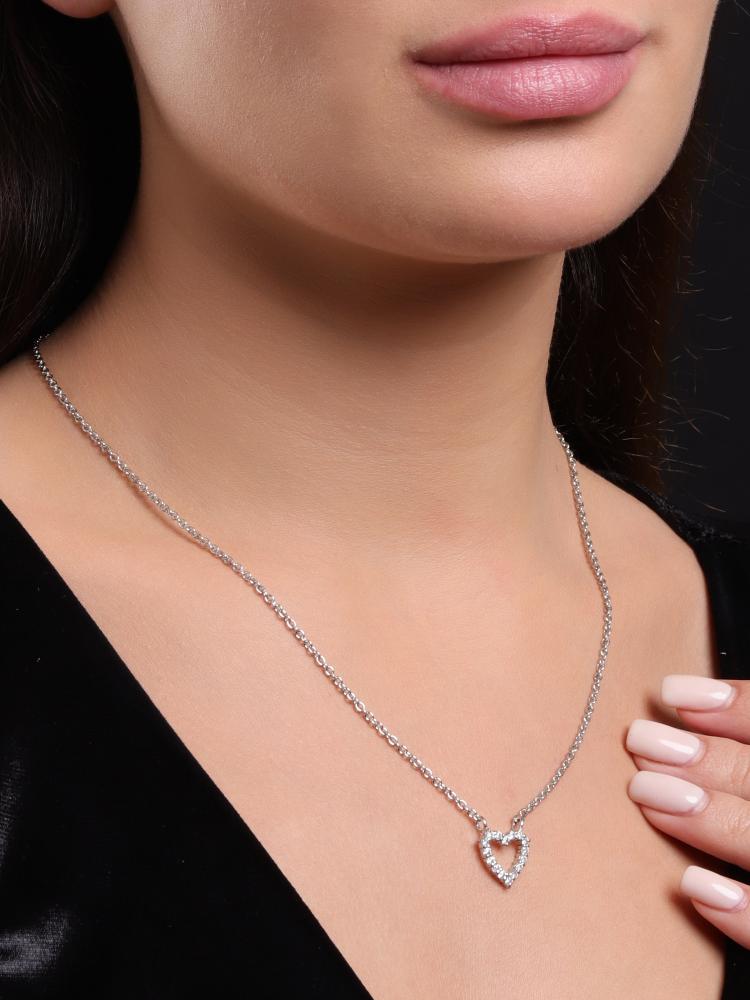 925 Sterling Silver Moissanite Diamond Rhodium-Plated Heart Pendant Necklace With Chain
