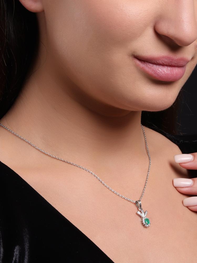 925 Sterling Silver Natural Emerald Oval Rhodium-Plated Pendant Necklace With Chain