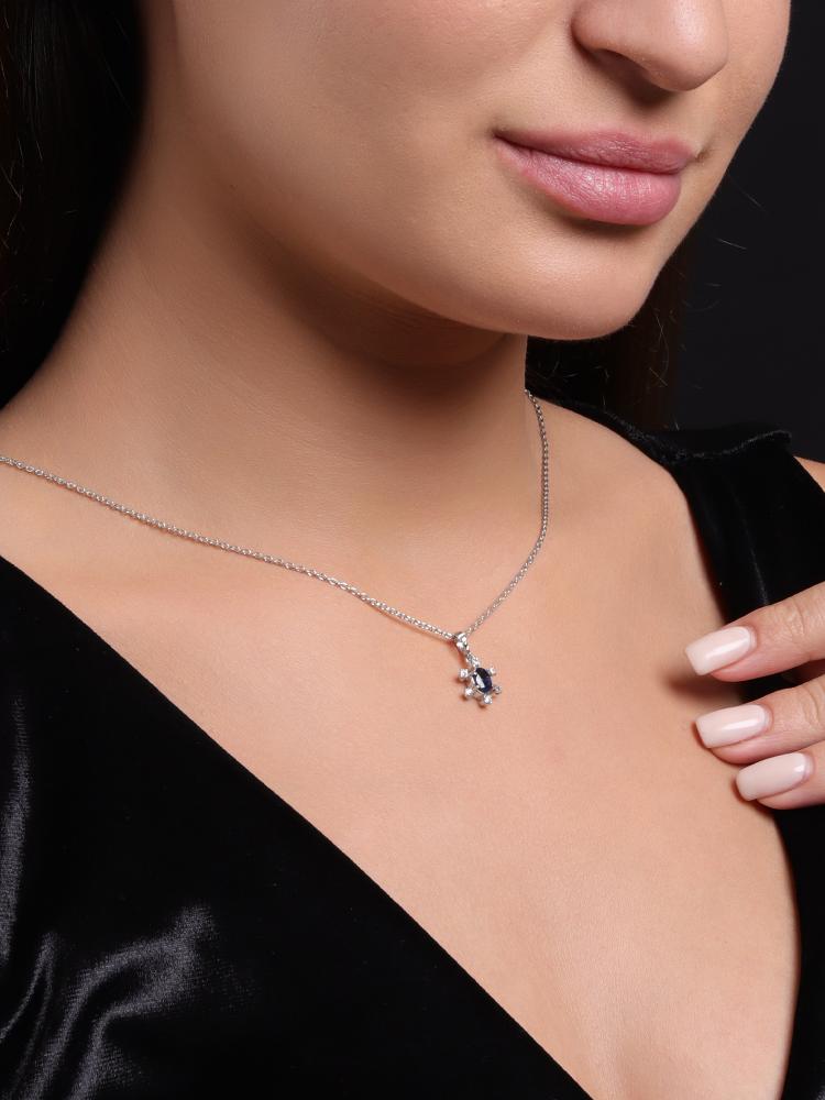 925 Sterling Silver Blue Sapphire Oval Rhodium-Plated Pendant Necklace With Chain
