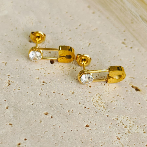 Safety Pin White Zircon Stud earrings - 18K Gold Plated/ Anti Tarnish -Waterproof