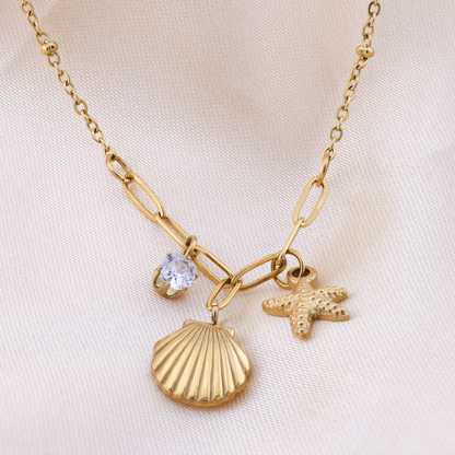 Seaside Shell Starfish Charm Necklace - 18K Gold Plated/ Anti Tarnish -Waterproof