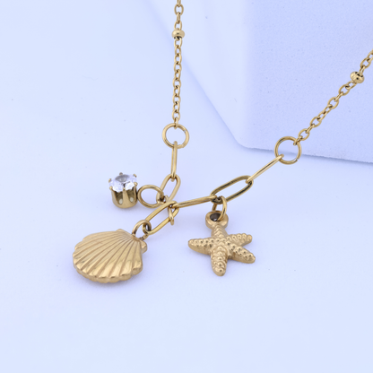 Seaside Shell Starfish Charm Necklace - 18K Gold Plated/ Anti Tarnish -Waterproof