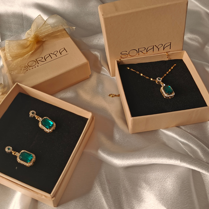 Emerald Necklace and Earrings set - 18K Gold Plated/ Anti Tarnish -Waterproof