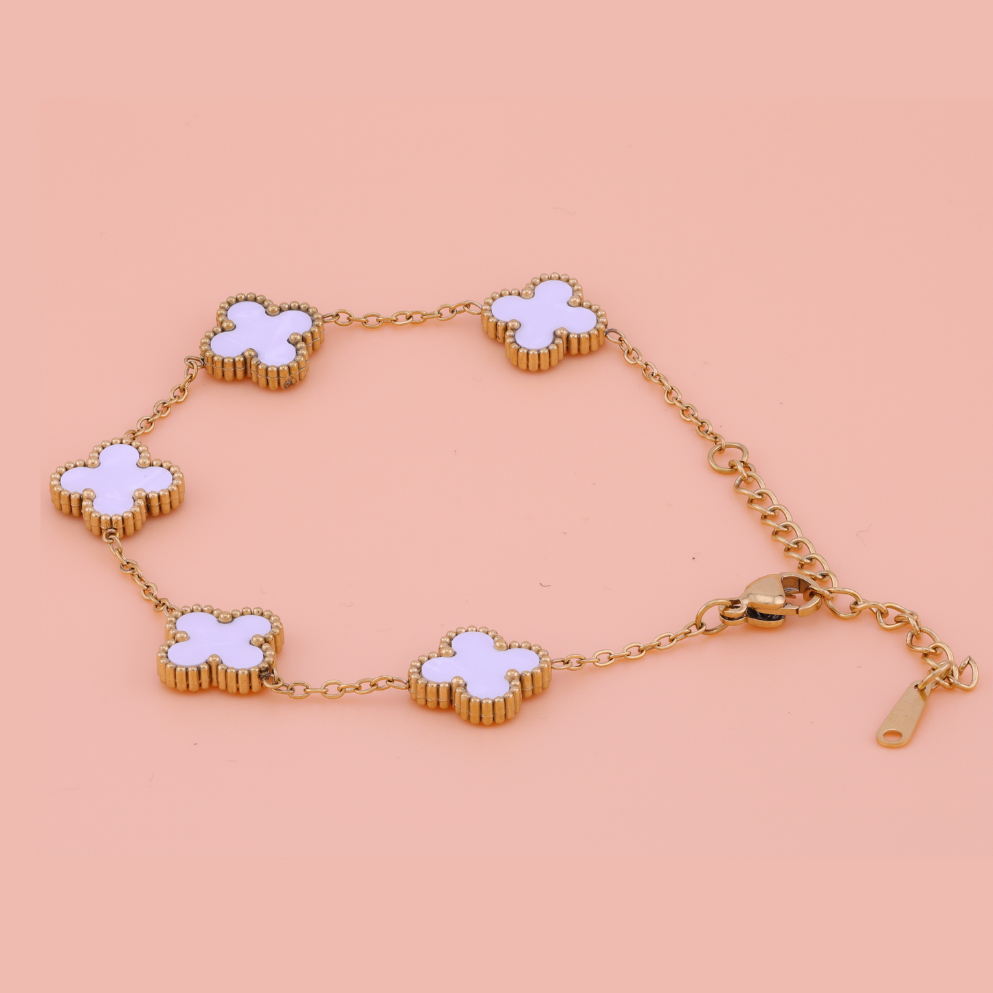 Dainty White Clover Bracelet – 18K Gold Plated, Anti-Tarnish & Waterproof