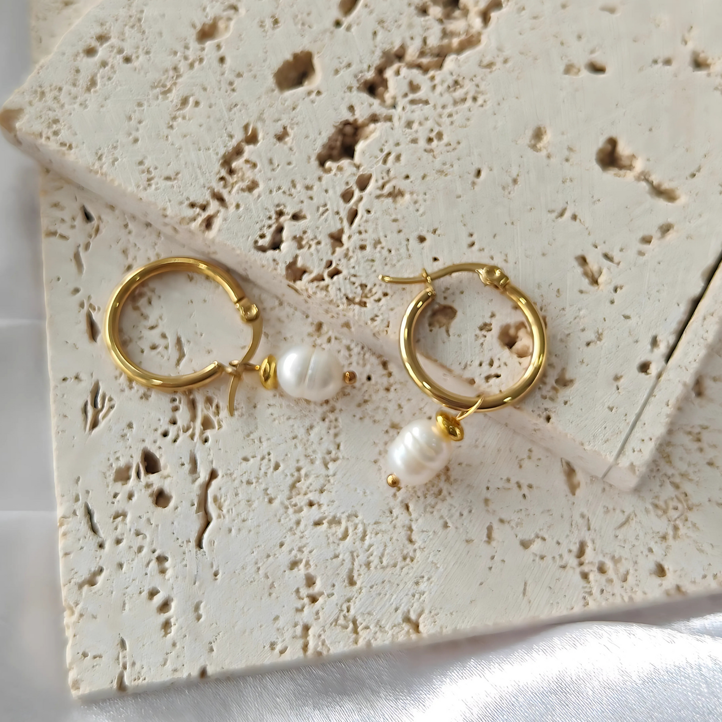 Pearl Drop Hoop Earrings - 18K Gold Plated/ Anti Tarnish -Waterproof