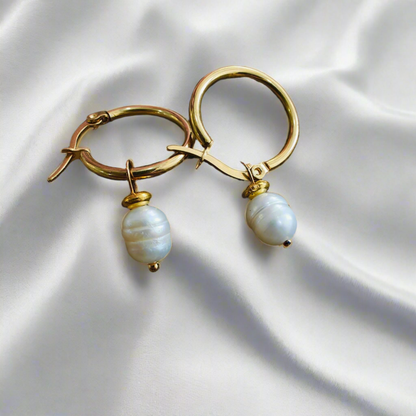 Pearl Drop Hoop Earrings - 18K Gold Plated/ Anti Tarnish -Waterproof