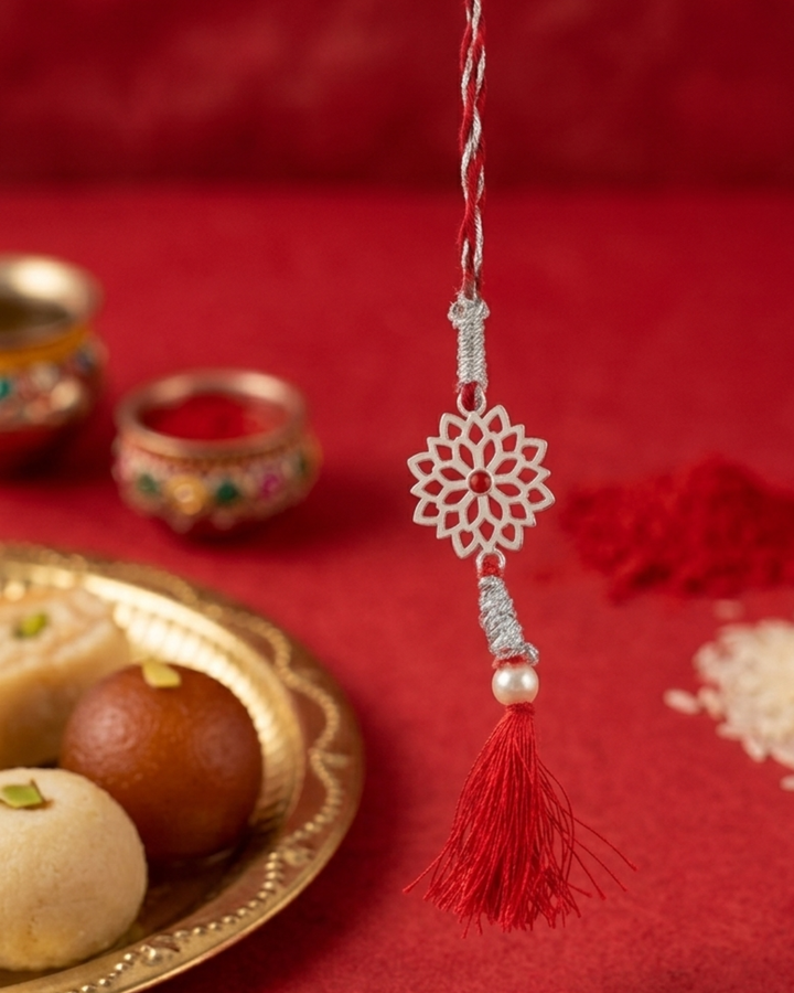 925 Sterling Silver Rhodium Plated Floral Lumba Rakhi for Bhabhi