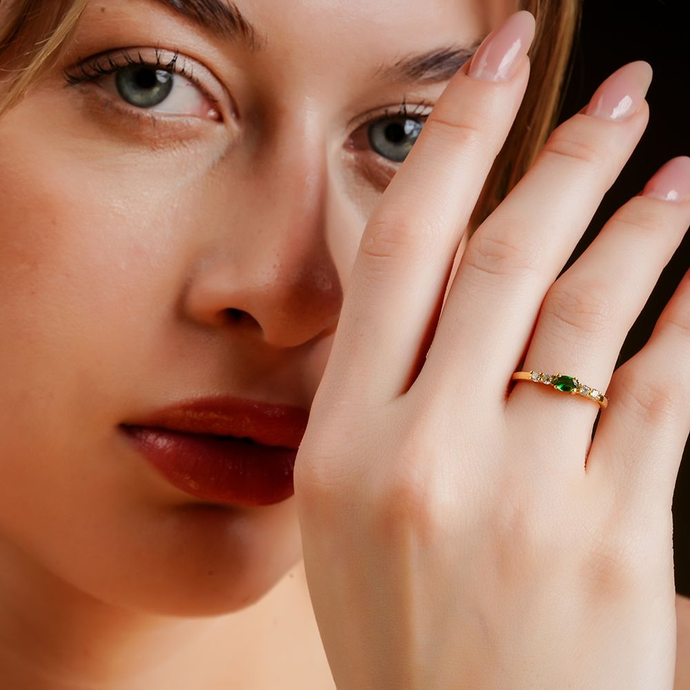 925 Sterling Silver 18K Gold Plated Emerald Halo Ring