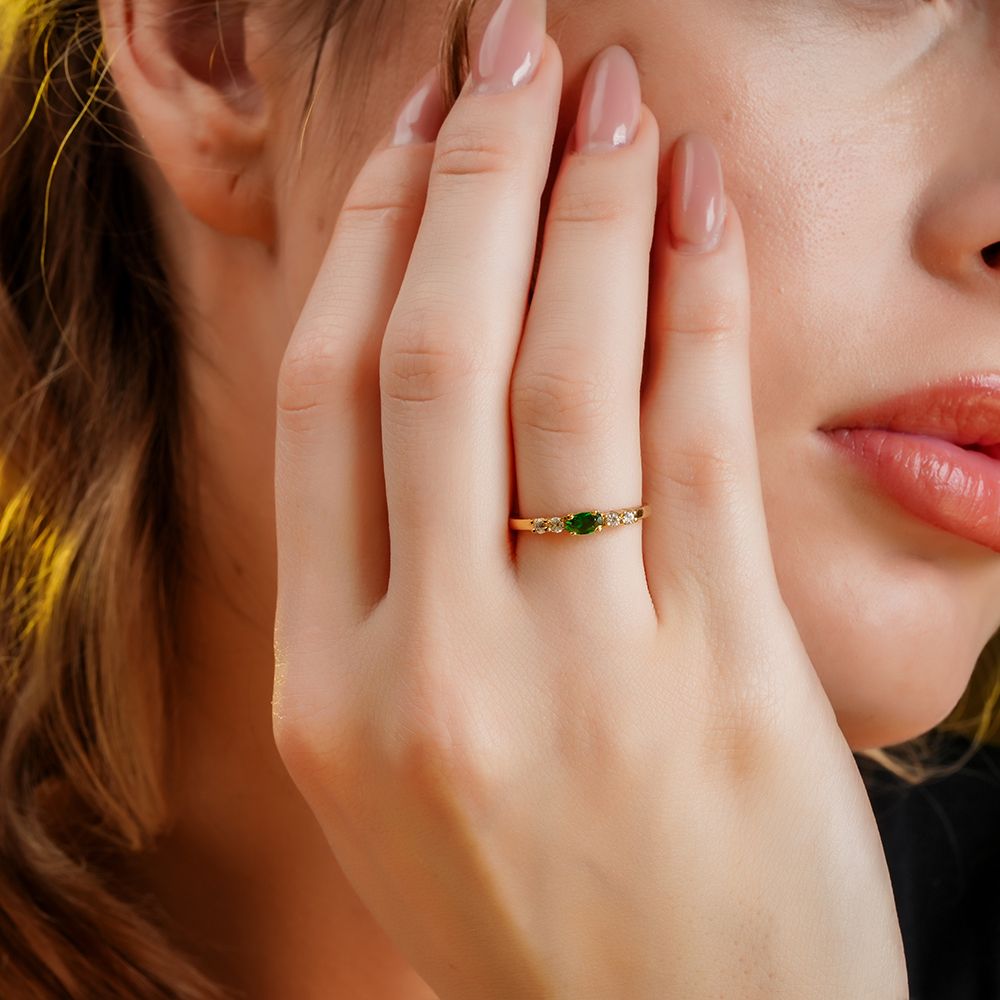 925 Sterling Silver 18K Gold Plated Emerald Halo Ring