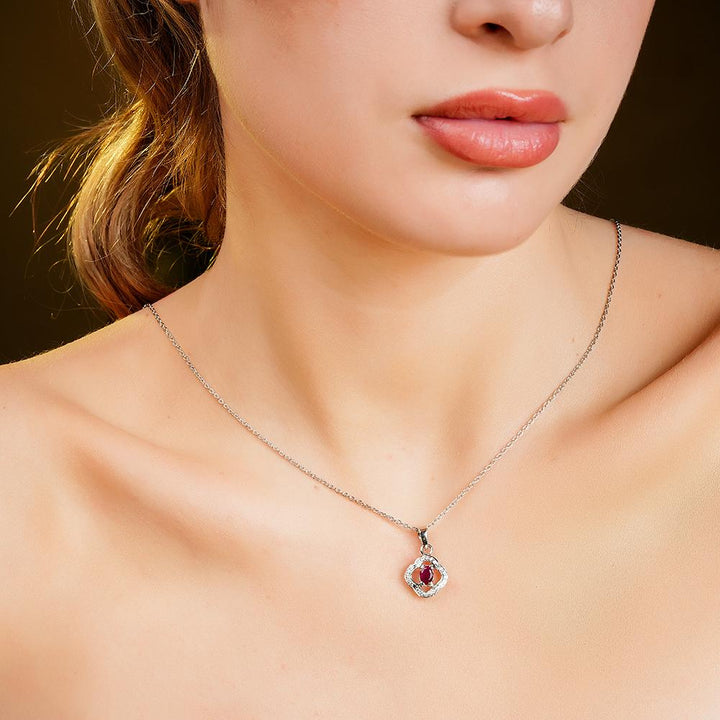 925 Sterling Silver Natural Ruby Rhodium-Plated Pendant Necklace With Chain