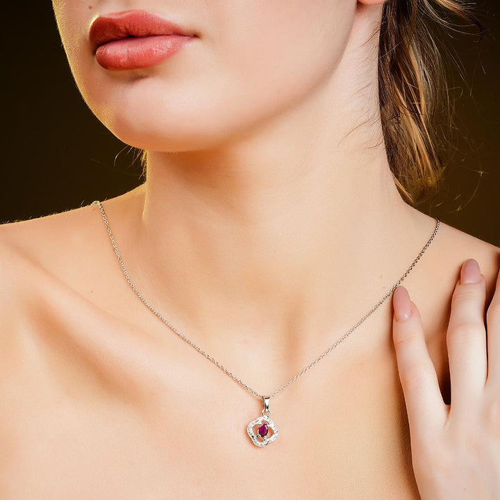 925 Sterling Silver Natural Ruby Rhodium-Plated Pendant Necklace With Chain
