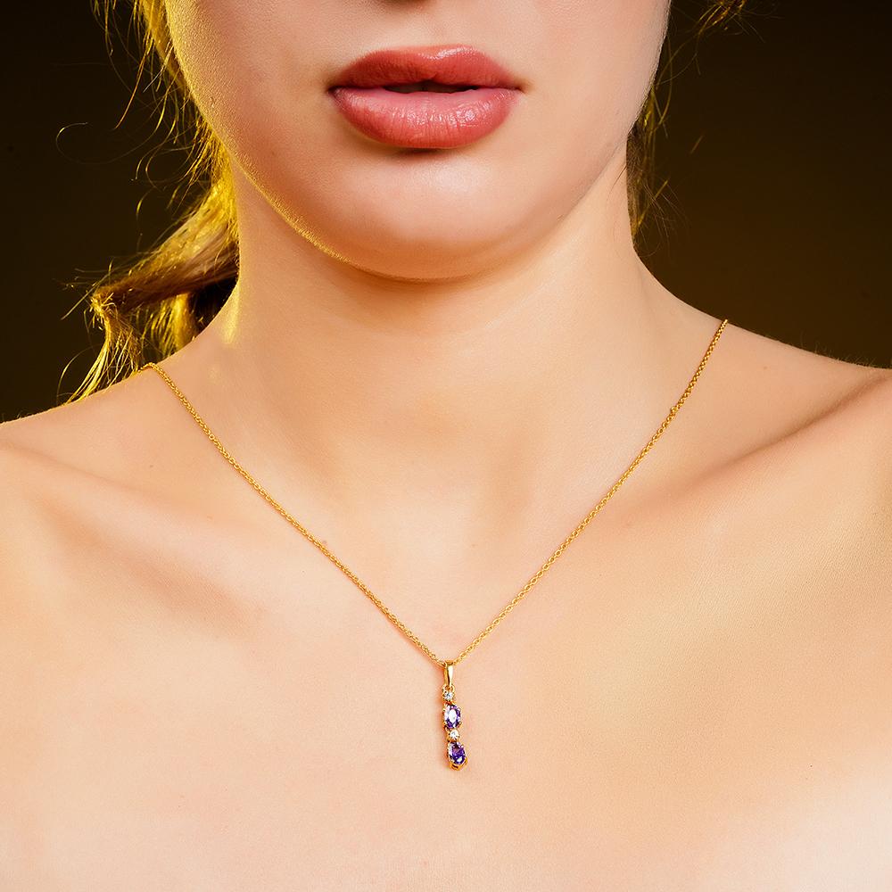 925 Sterling Silver 18K Gold Plated Amethyst Eclipse Pendant Necklace With Chain