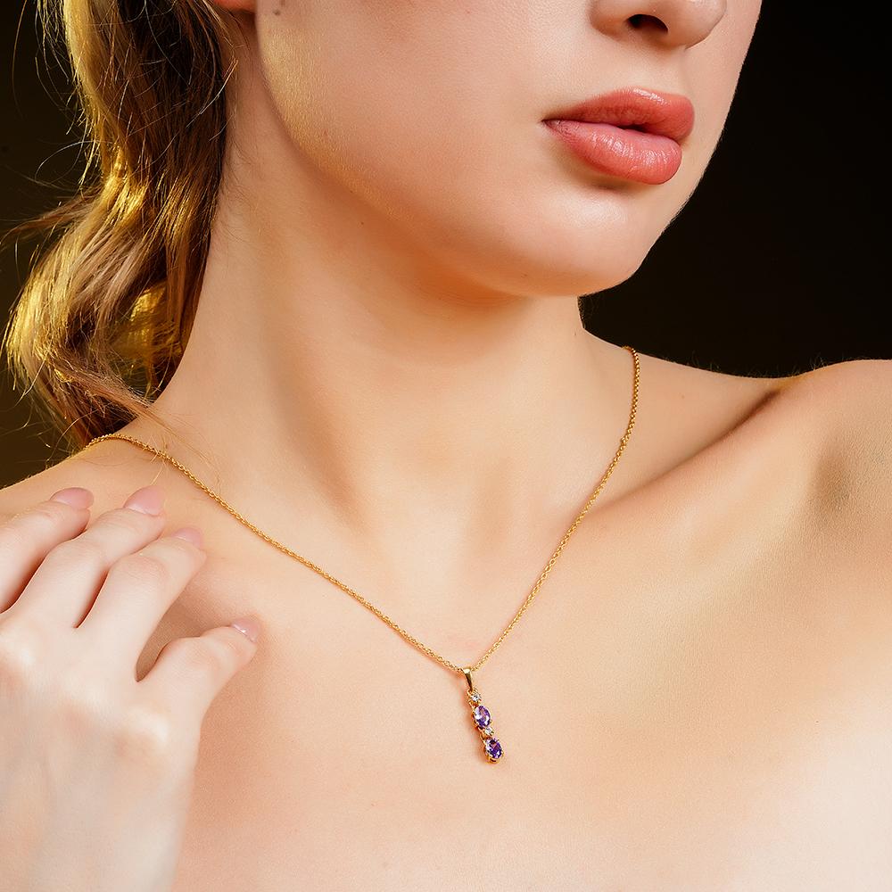 925 Sterling Silver 18K Gold Plated Amethyst Eclipse Pendant Necklace With Chain