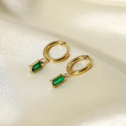 Dainty Emerald Hoop Earrings - 18K Gold Plated/ Anti Tarnish -Waterproof