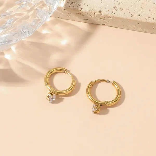 Solitaire Hoop Earrings -  18K Gold Plated/ Anti Tarnish -Waterproof