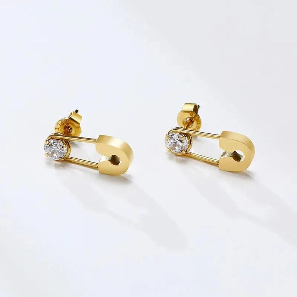 Safety Pin White Zircon Stud earrings - 18K Gold Plated/ Anti Tarnish -Waterproof