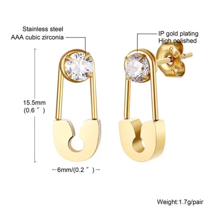 Safety Pin White Zircon Stud earrings - 18K Gold Plated/ Anti Tarnish -Waterproof