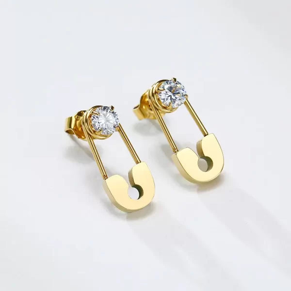 Safety Pin White Zircon Stud earrings - 18K Gold Plated/ Anti Tarnish -Waterproof