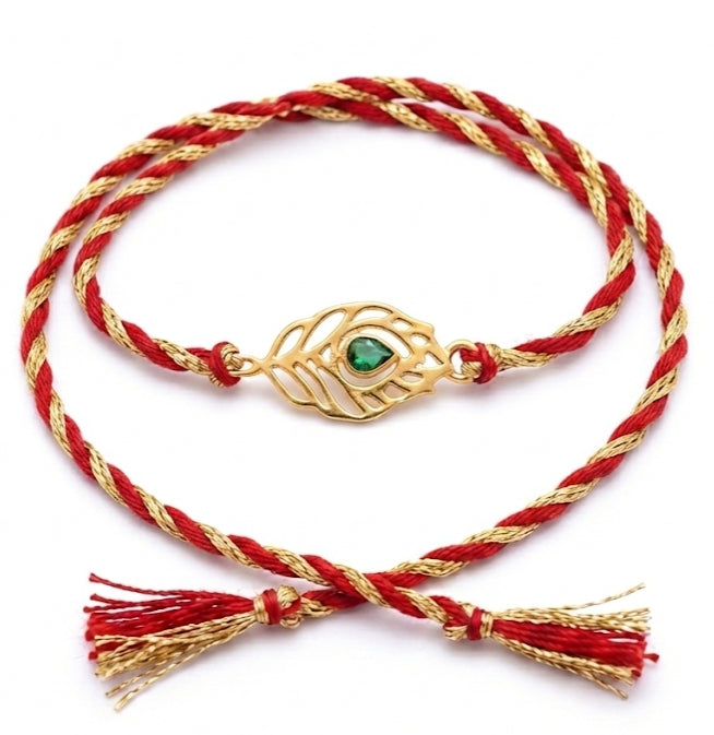 925 Pure Silver 18K Gold Plated Peacock Feather Red Thread Rakhi for Brother with Roli Chawal