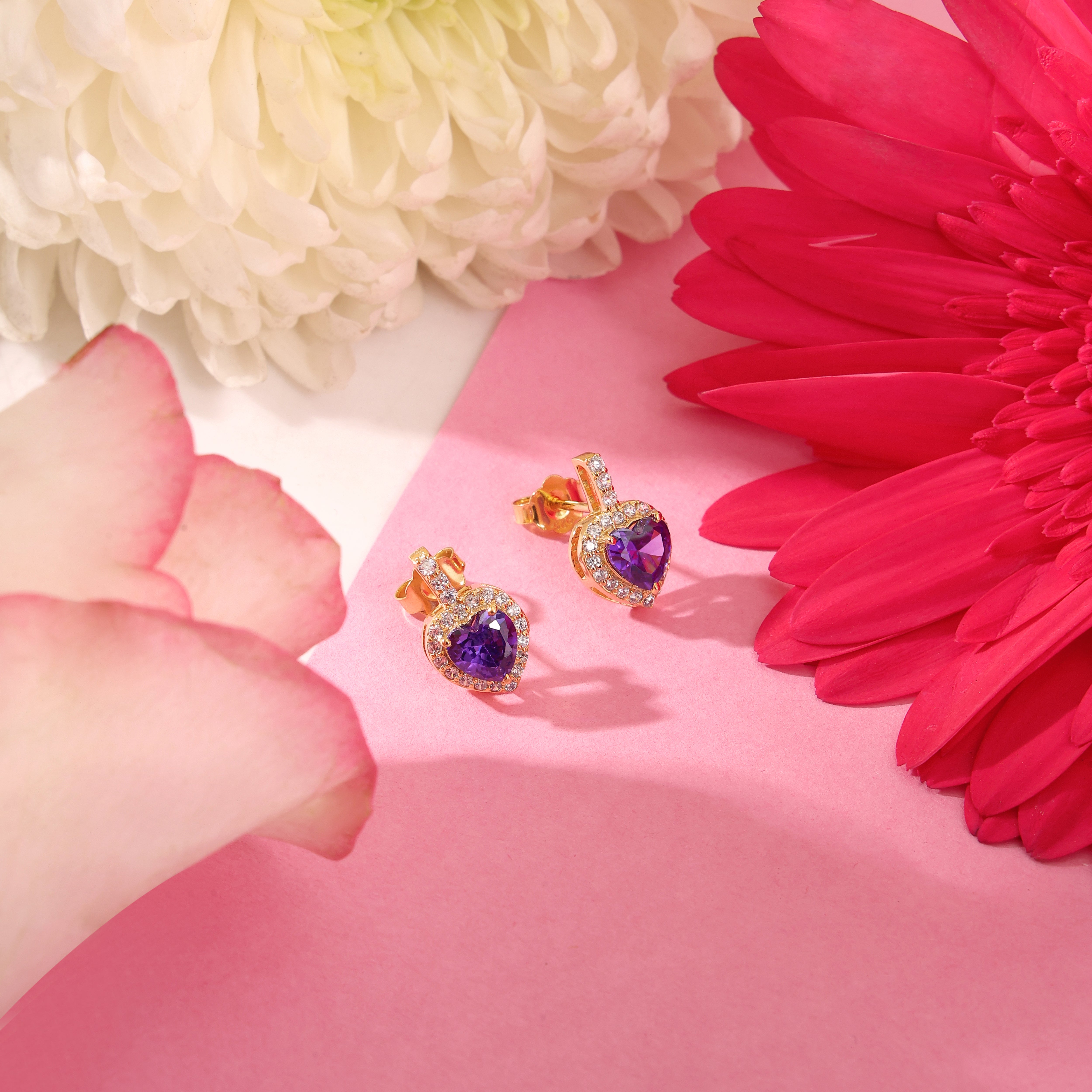 925 Sterling Silver 18K Gold Plated Amethyst Heart Studs