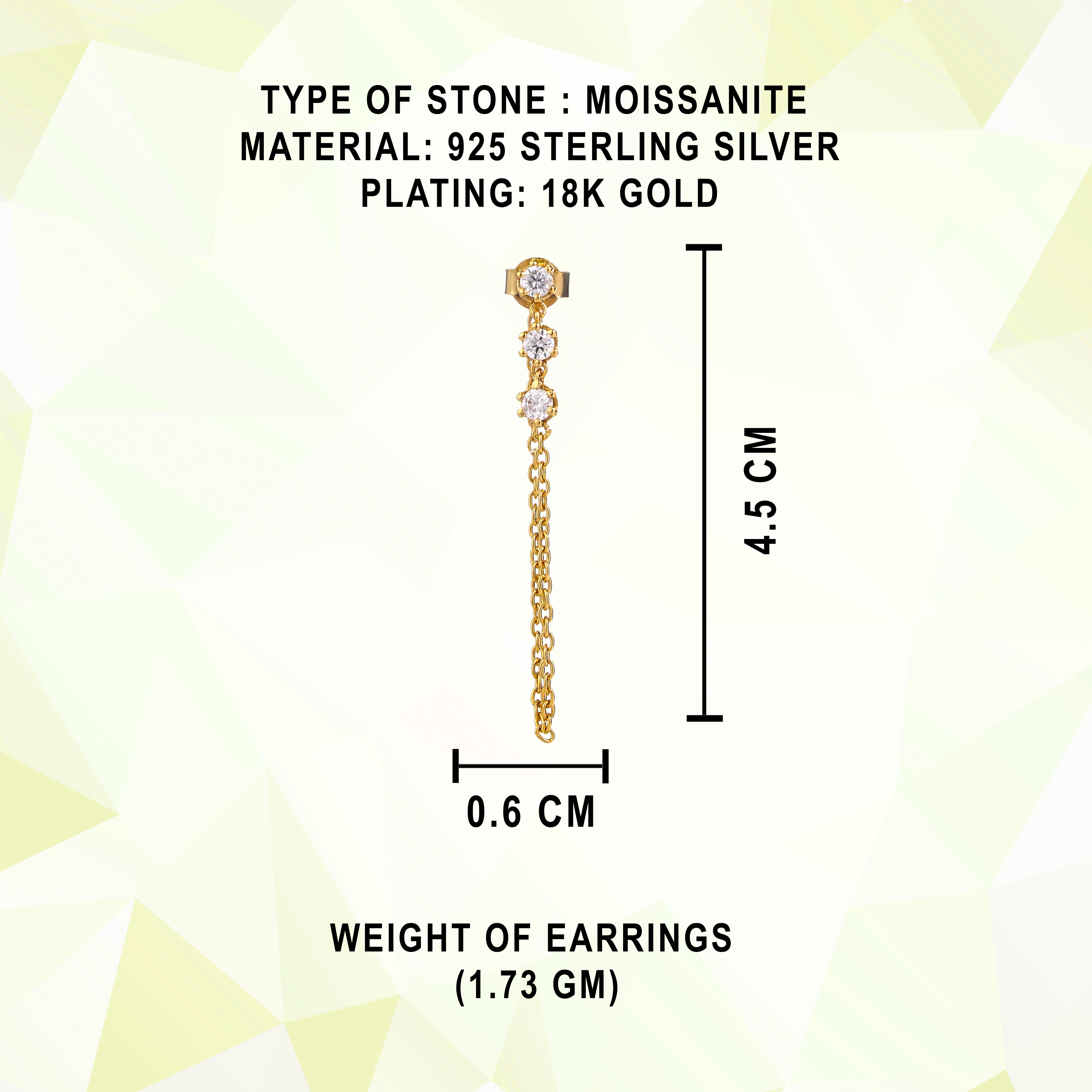 Sterling Silver 18K Gold Plated Moissanite Noor Chain Drop Earrings For Women