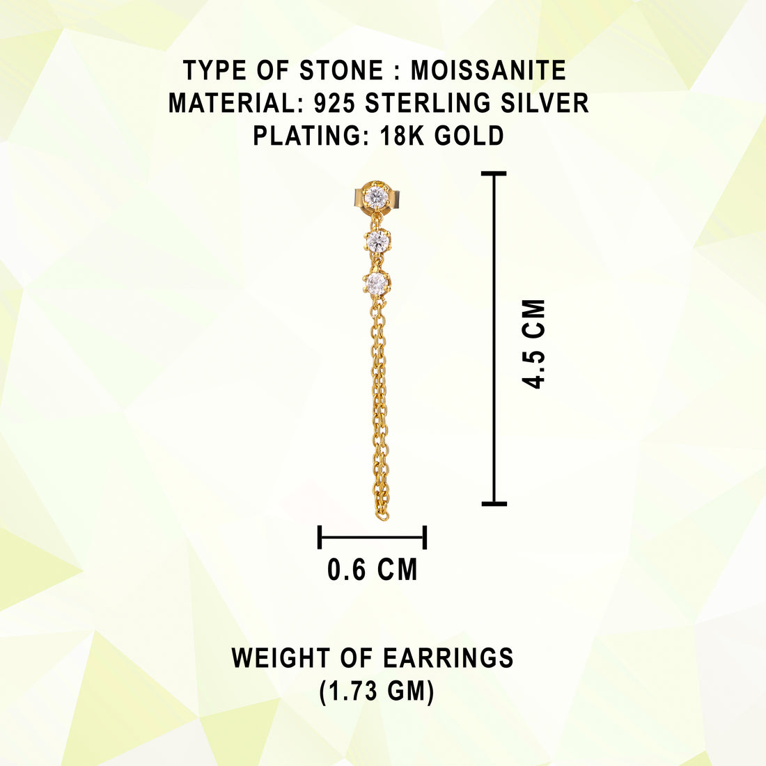 Sterling Silver 18K Gold Plated Moissanite Noor Chain Drop Earrings For Women
