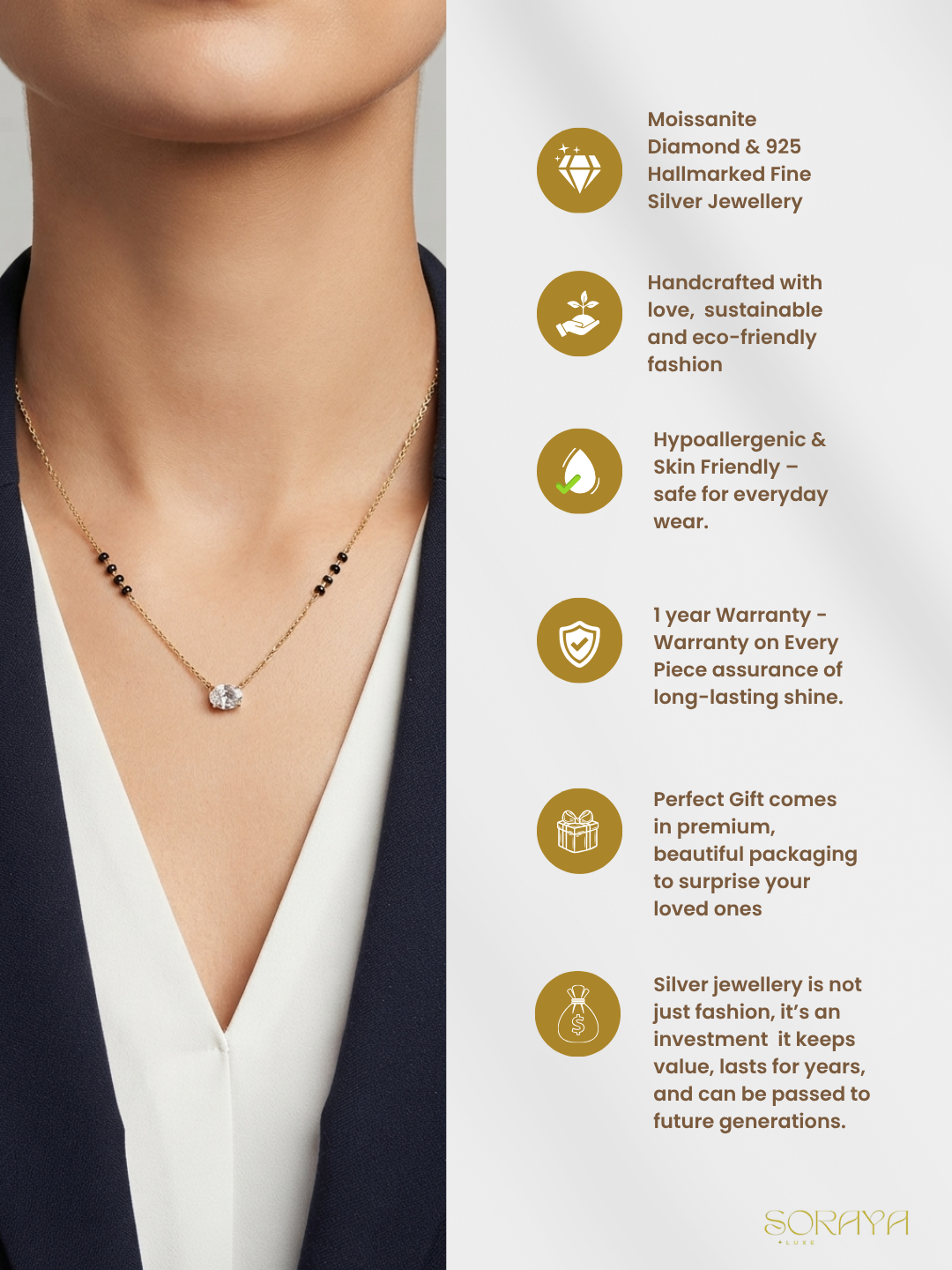 925 Sterling Silver Oval Solitaire 18K Gold Plated Mangalsutra Necklace