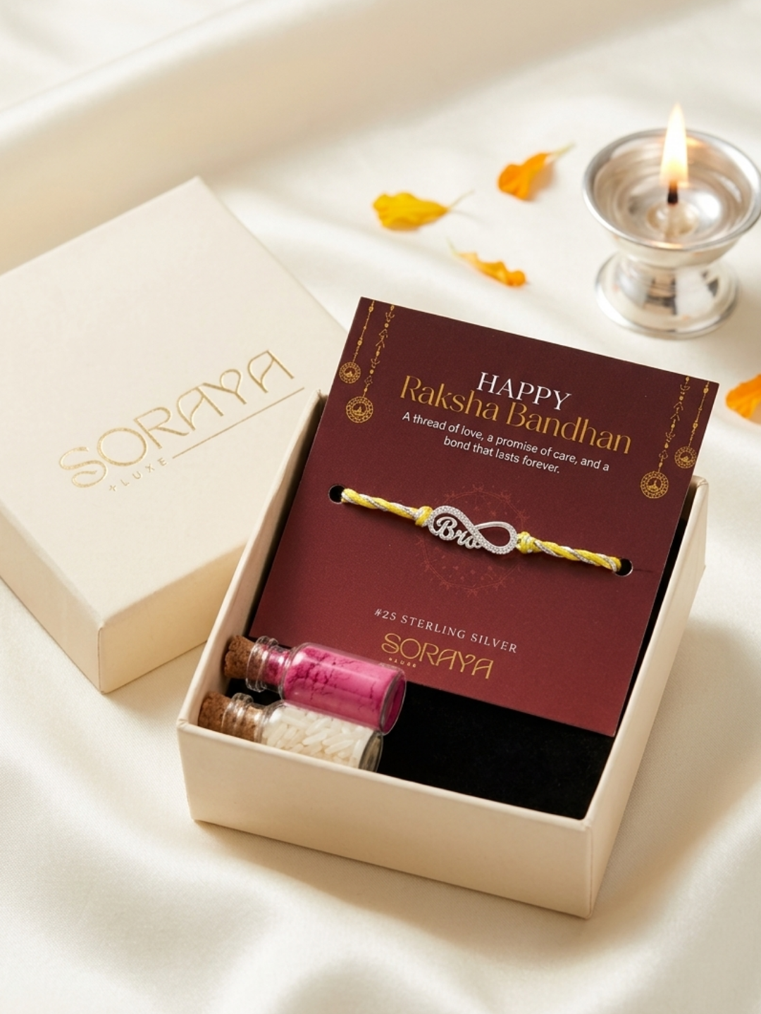 Men 925 Sterling Silver Infinity Bro Yellow Thread Rakhi with Roli Chawal