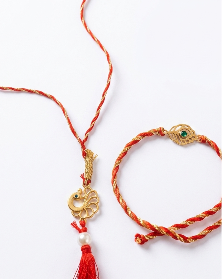 925 Pure Silver Bhaiya Bhabhi Peacock Rakhi with Roli & Chawal (Pack of 2)