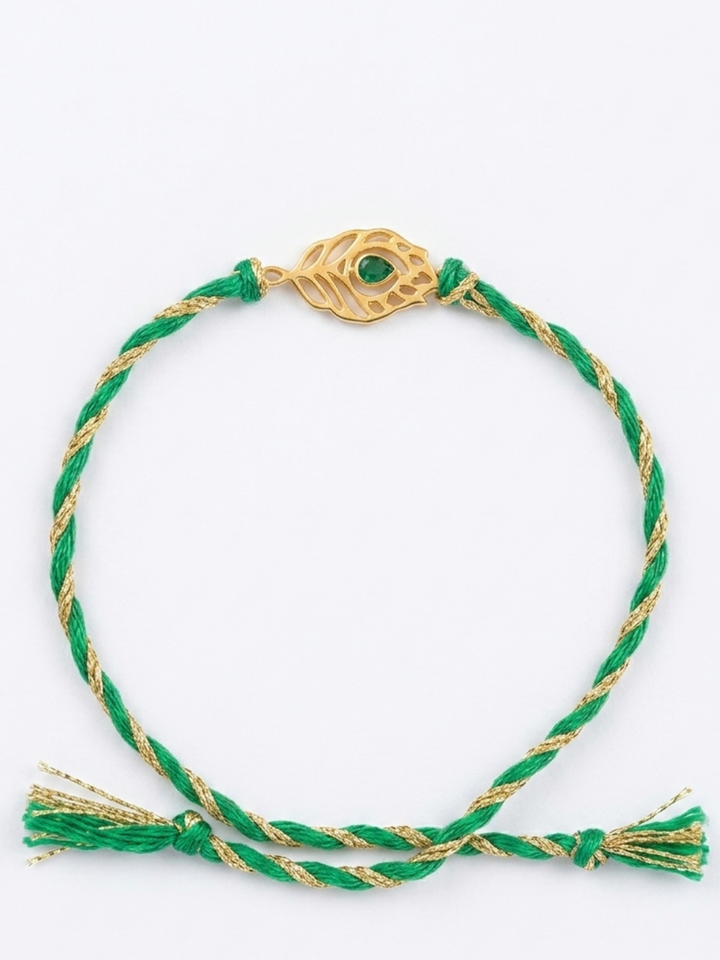 925 Silver 18K Gold Plated Peacock Feather Green Thread Rakhi for Brother with Roli Chawal